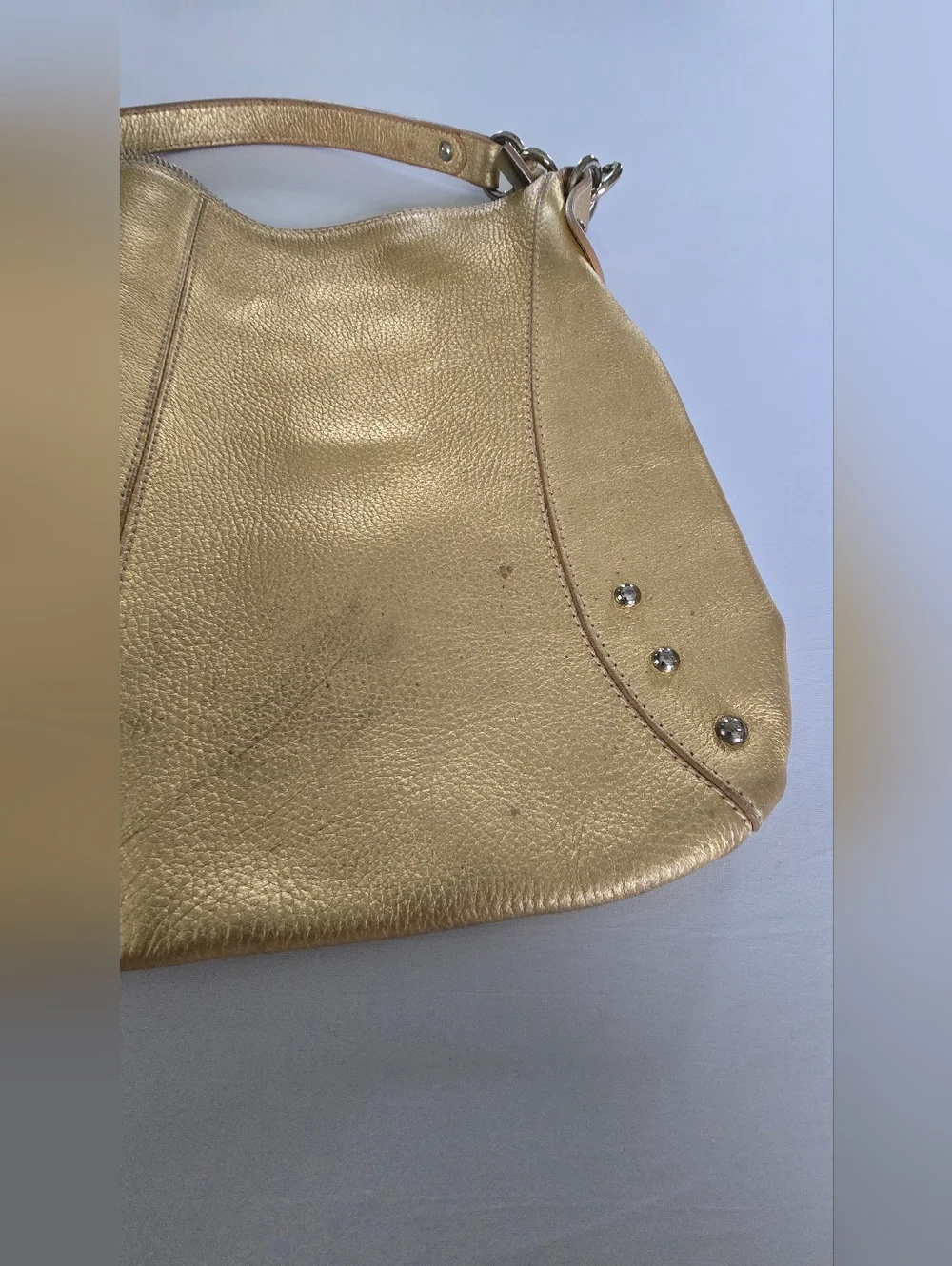 FURLA Italian Hobo Bag Gold Metallic Leather Studded, Large Shoulder Purse